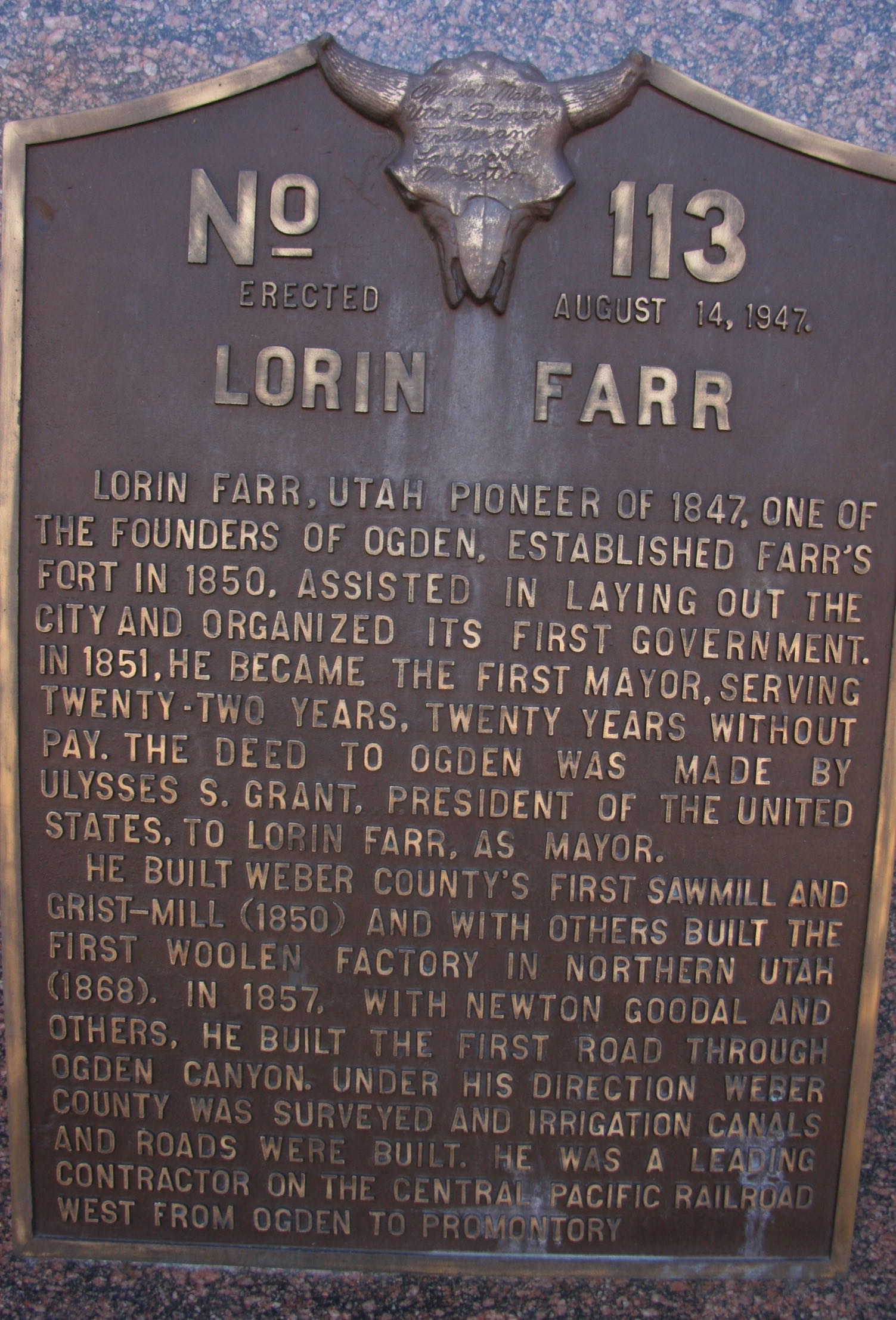Ogden Municipal Park, 2549 Washington Blvd. — Pioneer, City Founder, RR Contractor, LDS Church Leader — Born in Waterford, Vermont, July 27, 1820