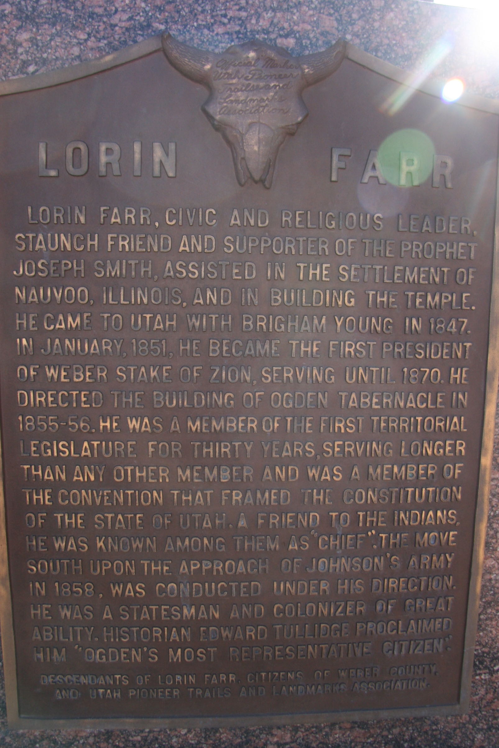 Ogden Municipal Park, 2549 Washington Blvd. — Pioneer, City Founder, RR Contractor, LDS Church Leader — Born in Waterford, Vermont, July 27, 1820