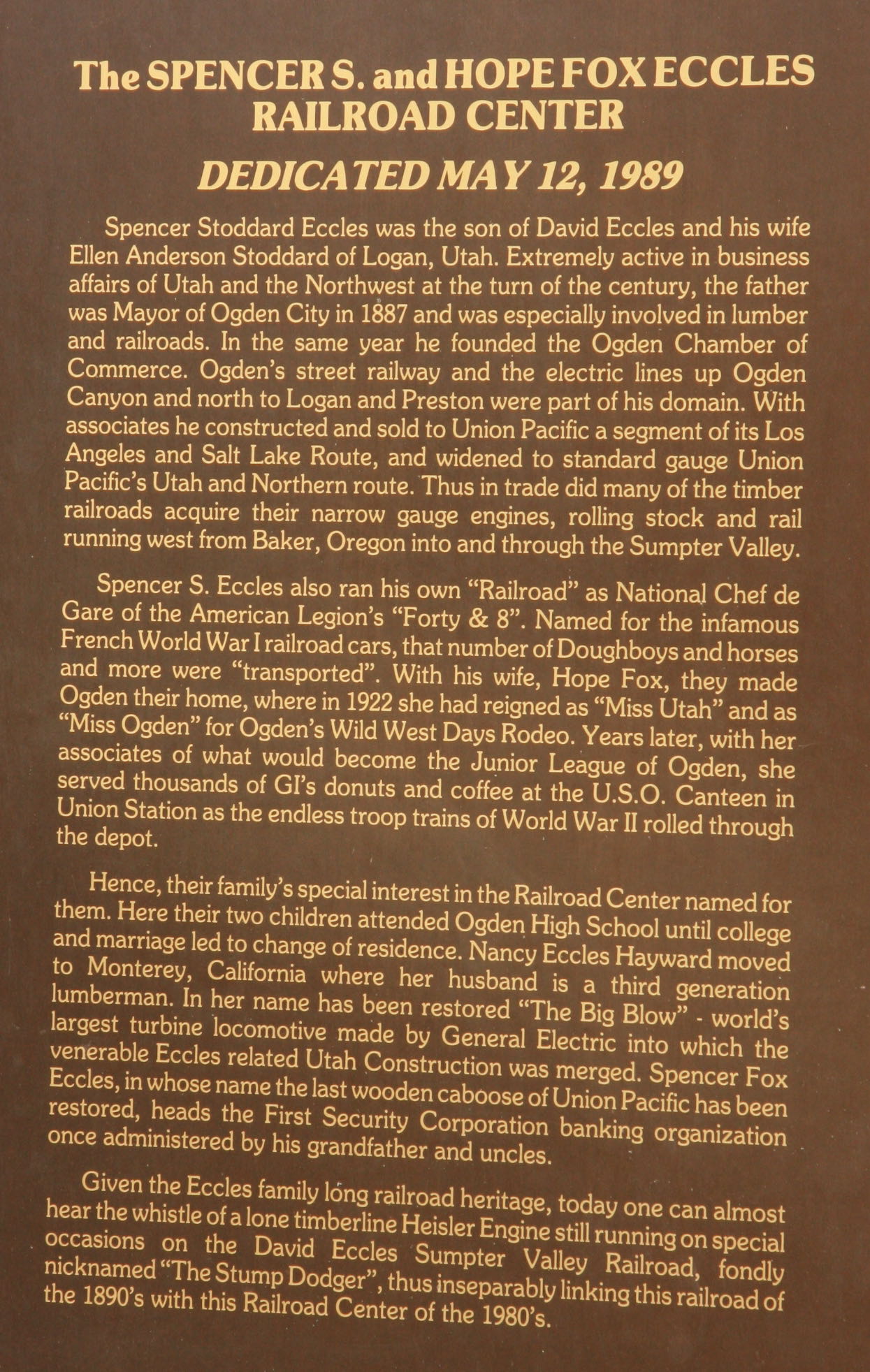 Dedication to the Eccles family. — Plaque is found in the Union Station Grand Lobby. — Back to Union Station