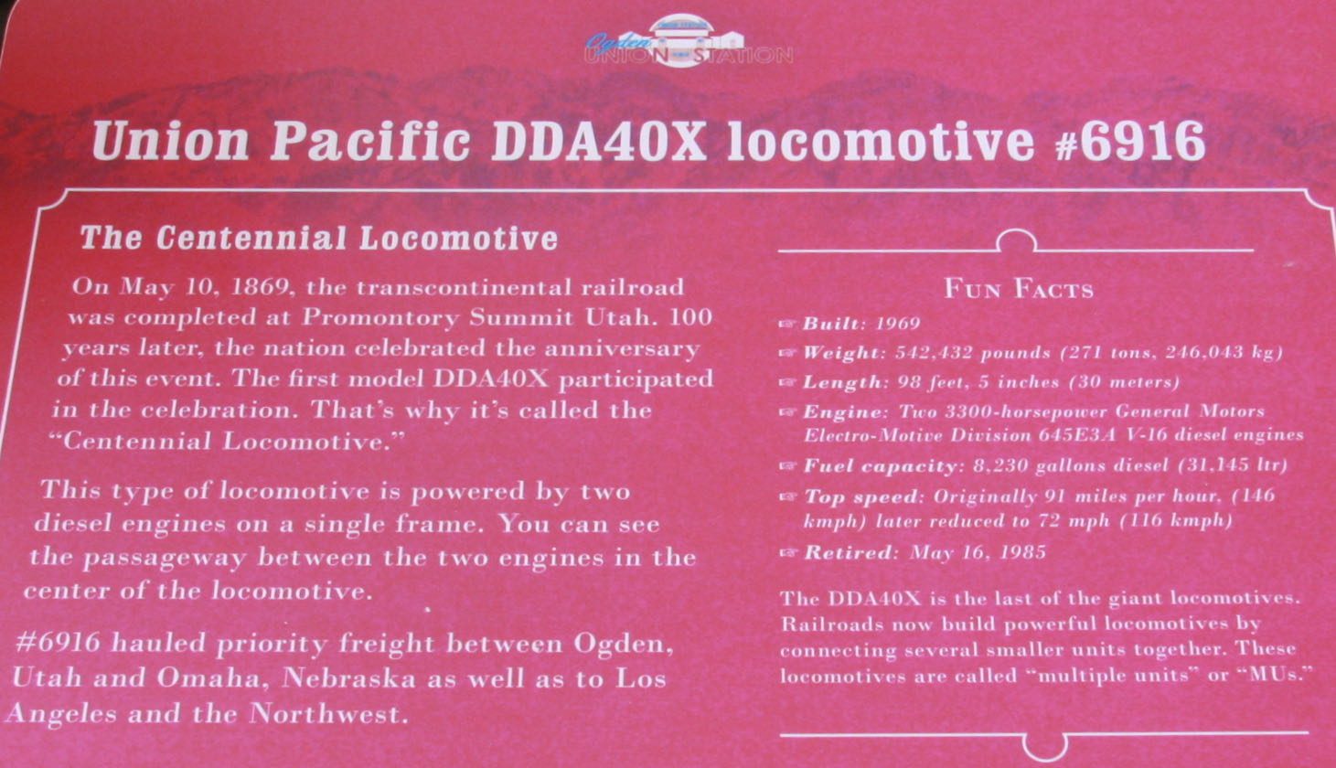 Centennial Locomotive — Powered by two 3300 horsepower diesel engines